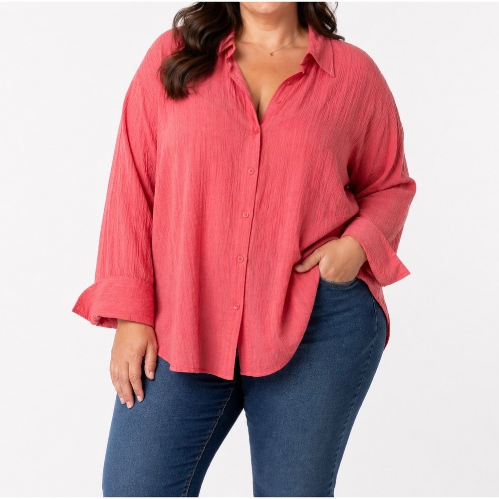 Avenue Women 22/24 Coral Pink Textured Cotton Button Down Shirt